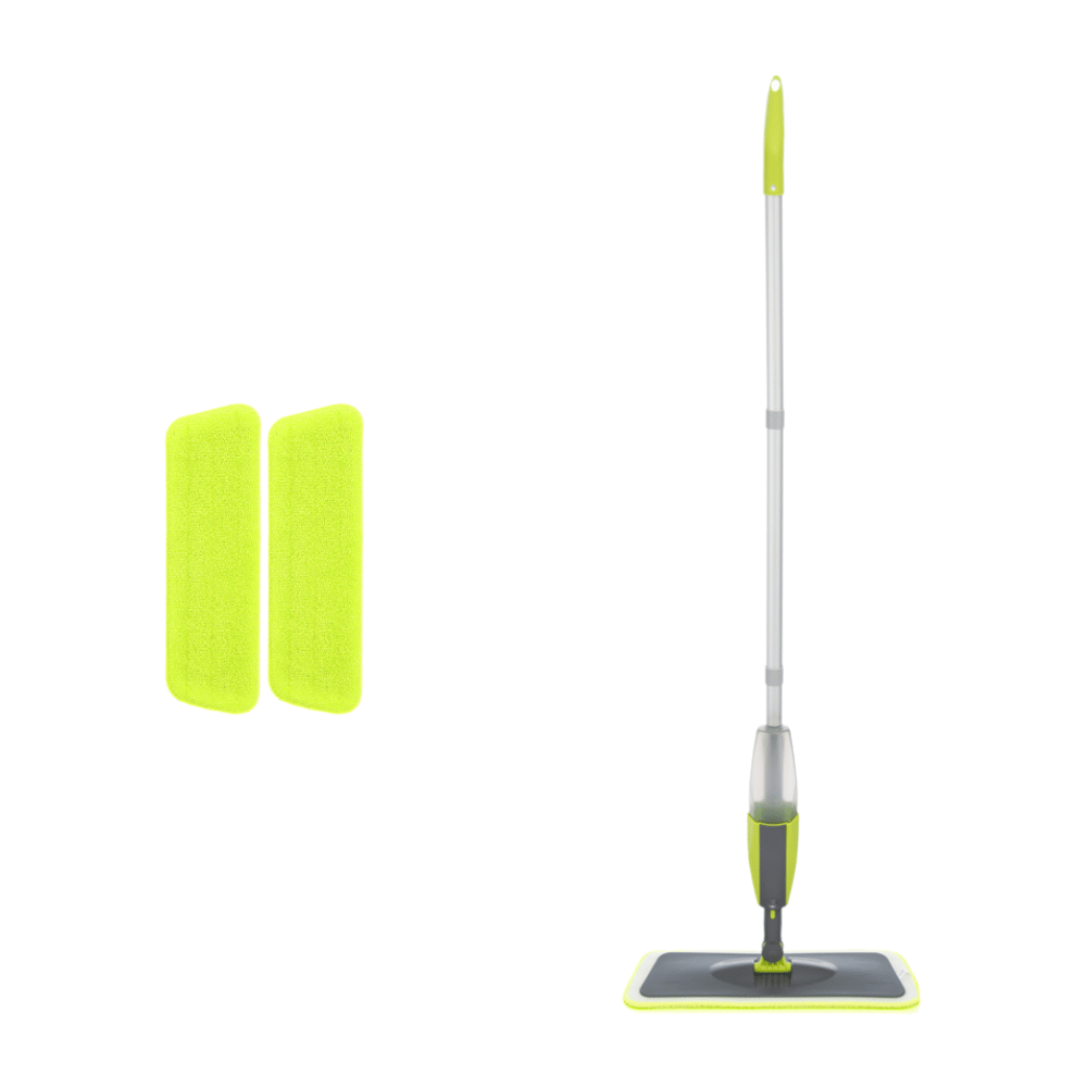 Green and gray spray mop set with long aluminum handle and two bright green microfiber cleaning pads, ideal for hardwood, tile, vinyl, and laminate floors. The flat mop head includes a refillable spray bottle and vibrant design for modern home cleaning.