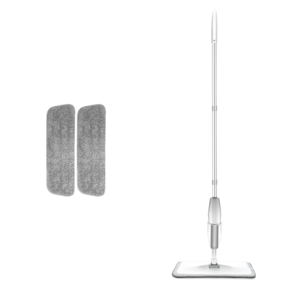 Spray mop set with long handle and two extra reusable microfiber cleaning pads, ideal for hardwood, tile, and laminate floors. The upright mop features a built-in spray mechanism and a flat mop head for efficient, streak-free floor cleaning.