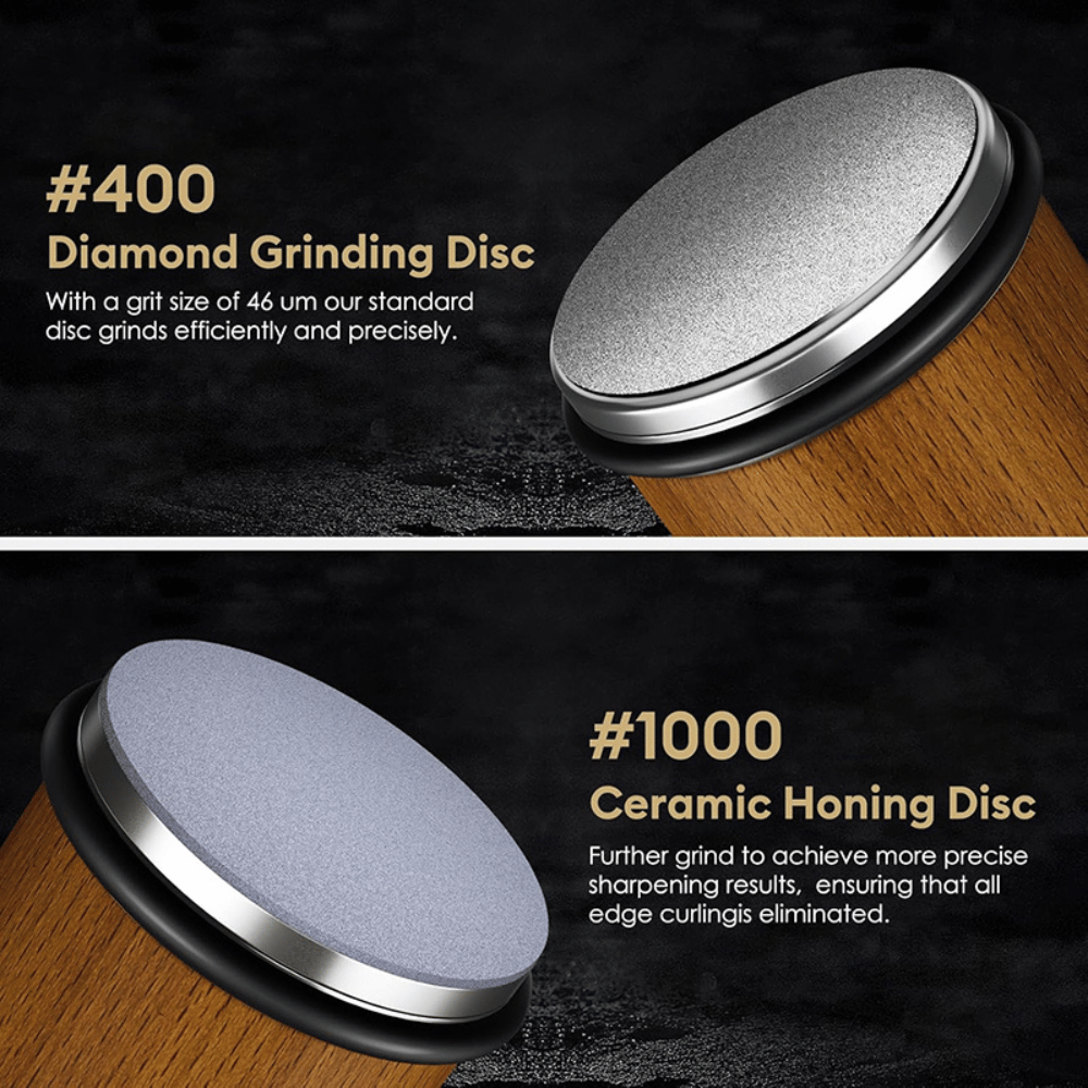 Interchangeable #400 diamond grinding disc and #1000 ceramic honing disc for knife sharpener