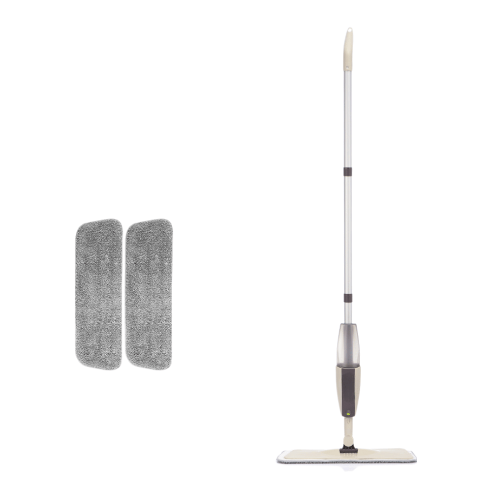 Beige and gray spray mop set with long aluminum handle and two extra reusable microfiber mop pads, designed for hardwood, tile, laminate, and vinyl floor cleaning. Features a refillable spray bottle and wide flat mop head for effective dust and wet mopping.