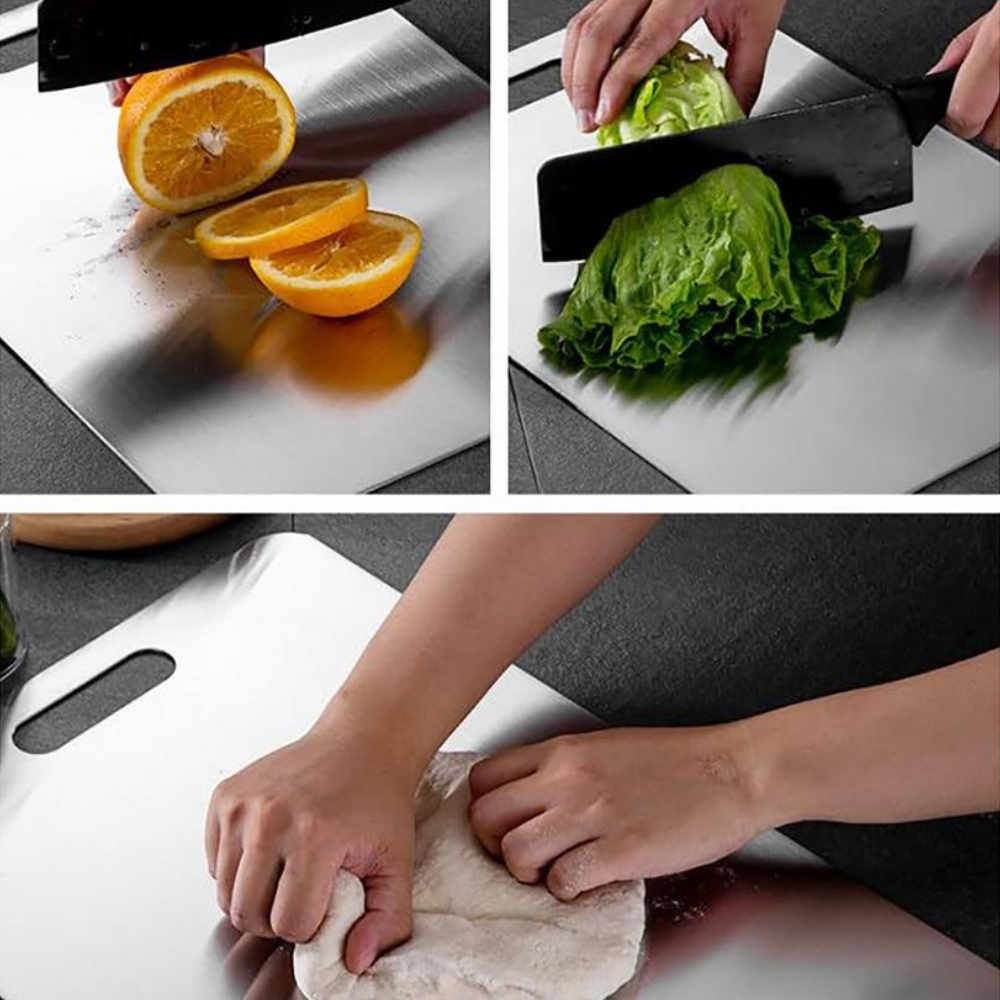 Dimensions of Titanium Cutting Board: 20 x 30 cm with handle design
