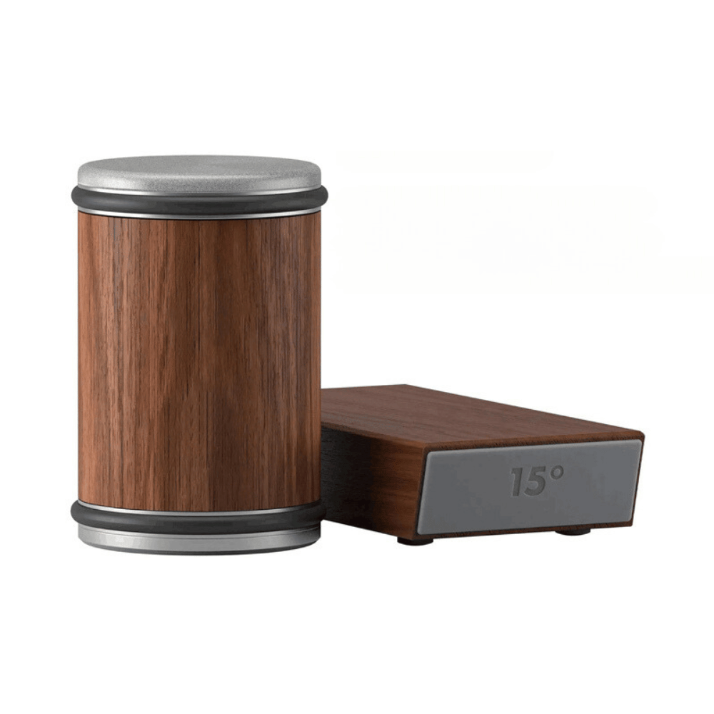 Side view of magnetic rolling sharpener with natural wood finish and 15-degree base