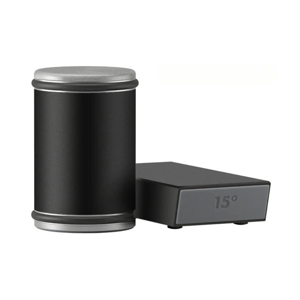 Modern matte black version of rolling knife sharpener with matching angle guide block