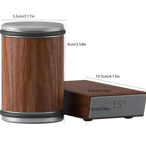 Front view dimensions of magnetic rolling knife sharpener and 15° silicone base stand