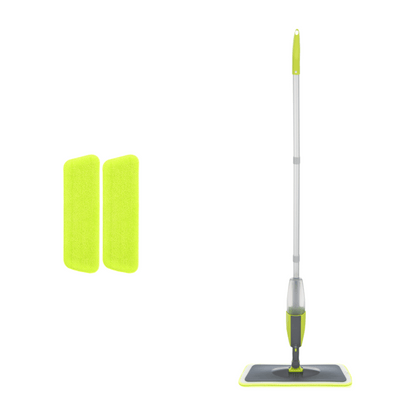 Green and gray spray mop set with long aluminum handle and two bright green microfiber cleaning pads, ideal for hardwood, tile, vinyl, and laminate floors. The flat mop head includes a refillable spray bottle and vibrant design for modern home cleaning.