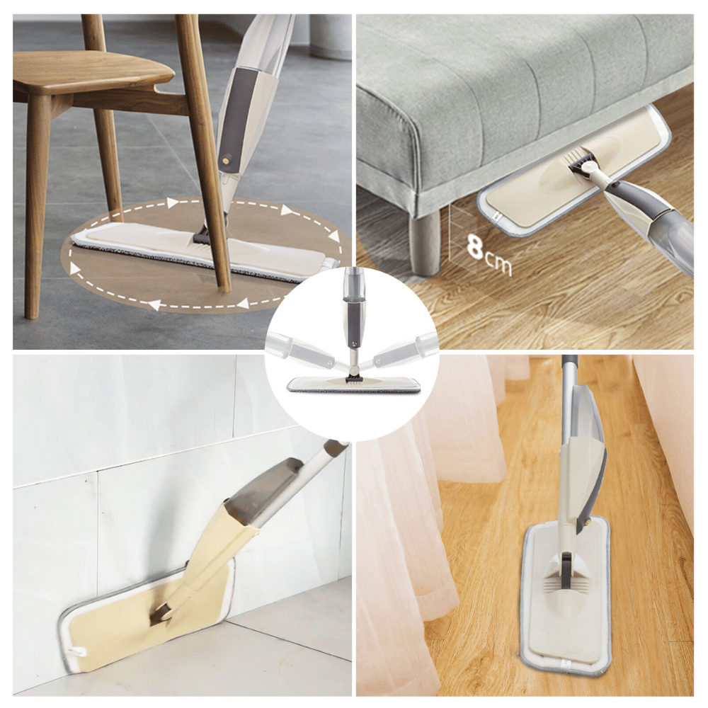 Magic Spray Mop in Action - Demonstrating its versatility and flexibility, this spray mop easily cleans under furniture, around obstacles, and along walls, making it ideal for tight spaces and everyday cleaning tasks.