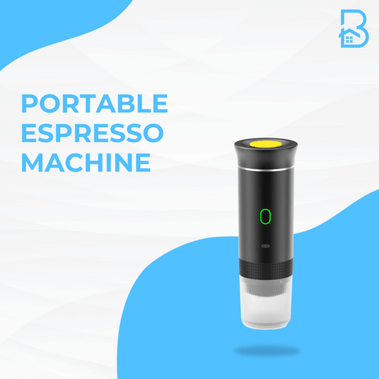 Portable Espresso Machine on blue and white background with branding