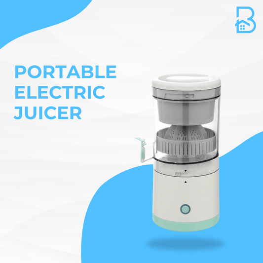 Portable electric juicer with a clean, minimalist design on a blue background.