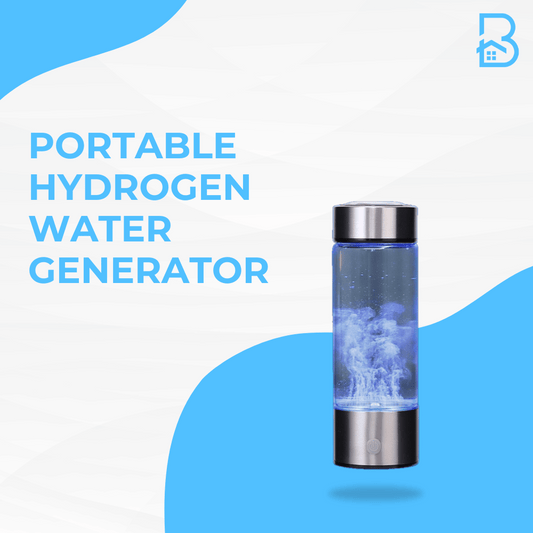Front view of Portable Hydrogen Water Generator with blue background and product name text – featured hydration product by Bakinhome.