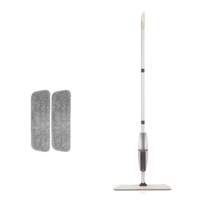 Beige and gray spray mop set with long aluminum handle and two extra reusable microfiber mop pads, designed for hardwood, tile, laminate, and vinyl floor cleaning. Features a refillable spray bottle and wide flat mop head for effective dust and wet mopping.