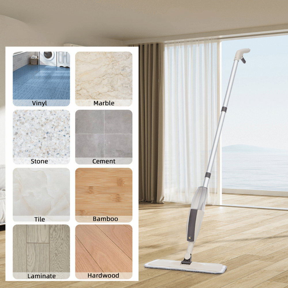 Magic Spray Mop and Its Compatibility - The Magic Spray Mop shown next to various floor types, including Vinyl, Marble, Stone, Cement, Tile, Bamboo, Laminate, and Hardwood, highlighting its versatility on different surfaces.