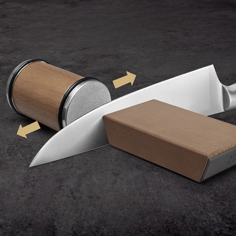 Rolling knife sharpener in action, sharpening blade with smooth back-and-forth motion