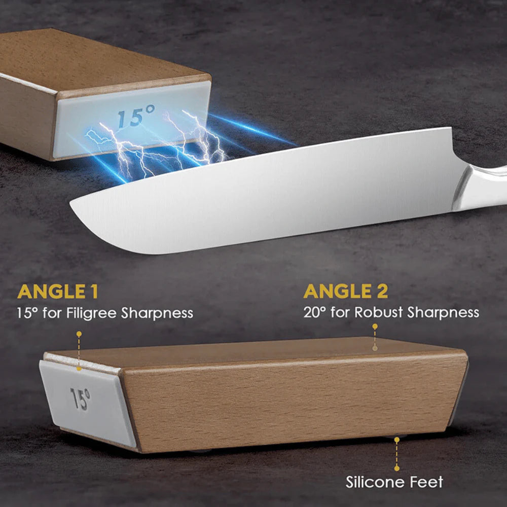 Magnetic Rolling Knife Sharpener showing 15° and 20° angle options with silicone feet, demonstrating precise sharpening angles for different blade types