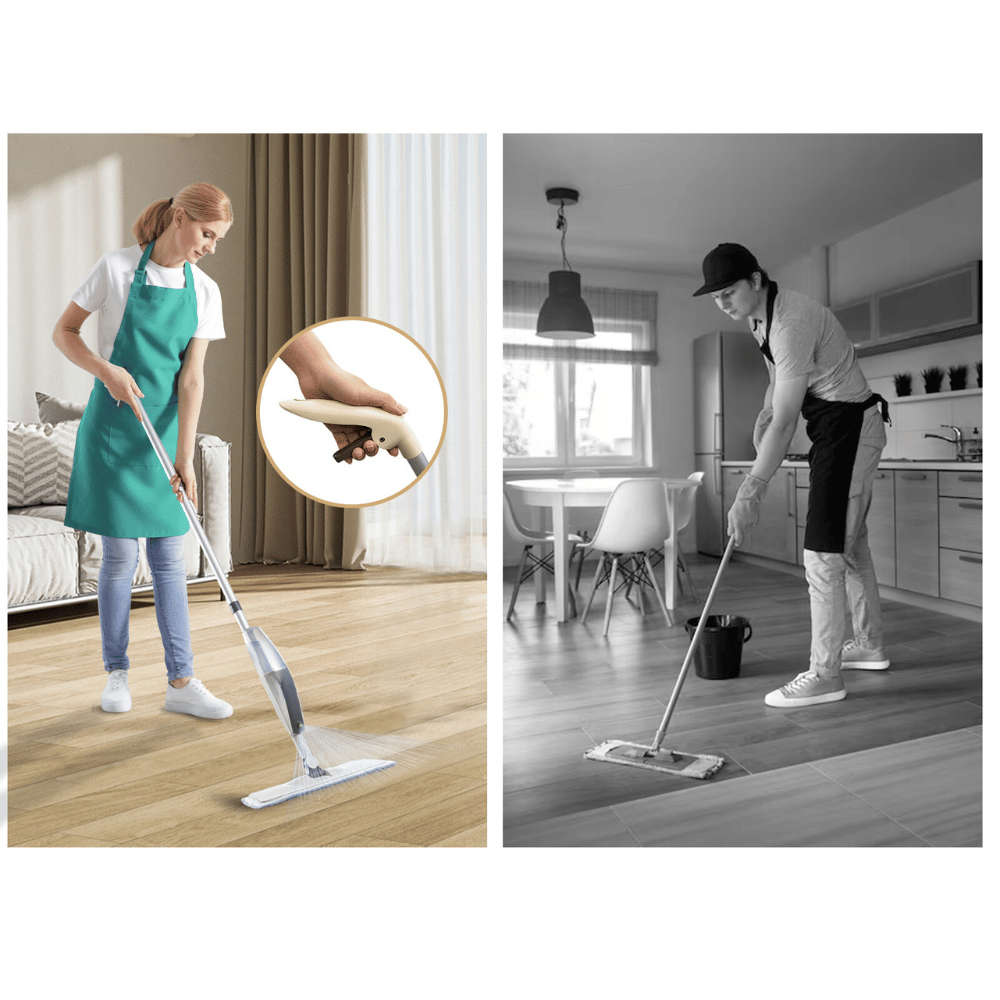 Magic Spray Mop in Use - A woman cleaning a floor with the Magic Spray Mop, demonstrating its use and the spray mechanism in the inset. A man also using the mop in a kitchen, showing the mop's versatility for different users.