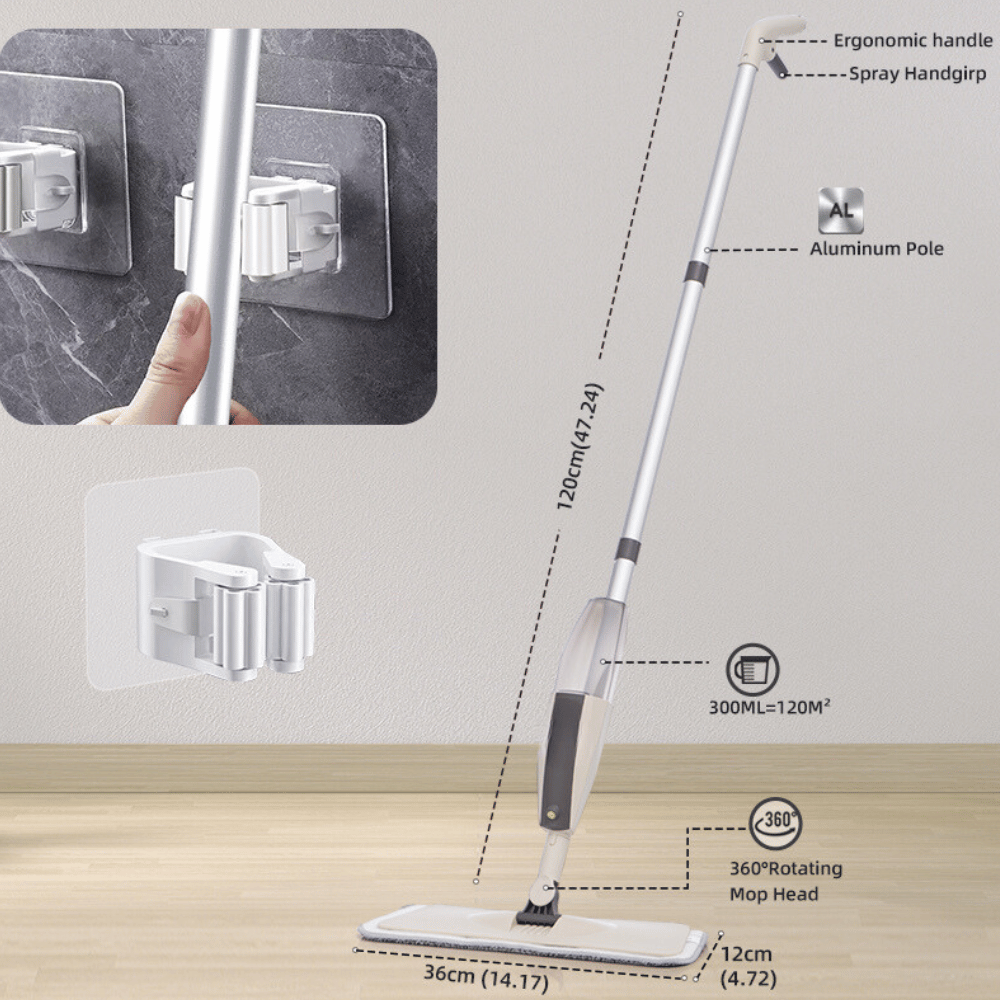 Magic Spray Mop Features - Close-up of the mop showing its ergonomic handle, spray handgrip, aluminum pole, and the 360° rotating mop head. The image also shows a wall mount for easy storage and provides dimensions for the mop and water tank capacity.