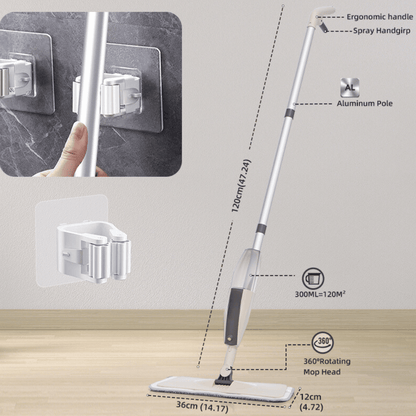 Magic Spray Mop Features - Close-up of the mop showing its ergonomic handle, spray handgrip, aluminum pole, and the 360° rotating mop head. The image also shows a wall mount for easy storage and provides dimensions for the mop and water tank capacity.