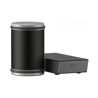 Modern matte black version of rolling knife sharpener with matching angle guide block