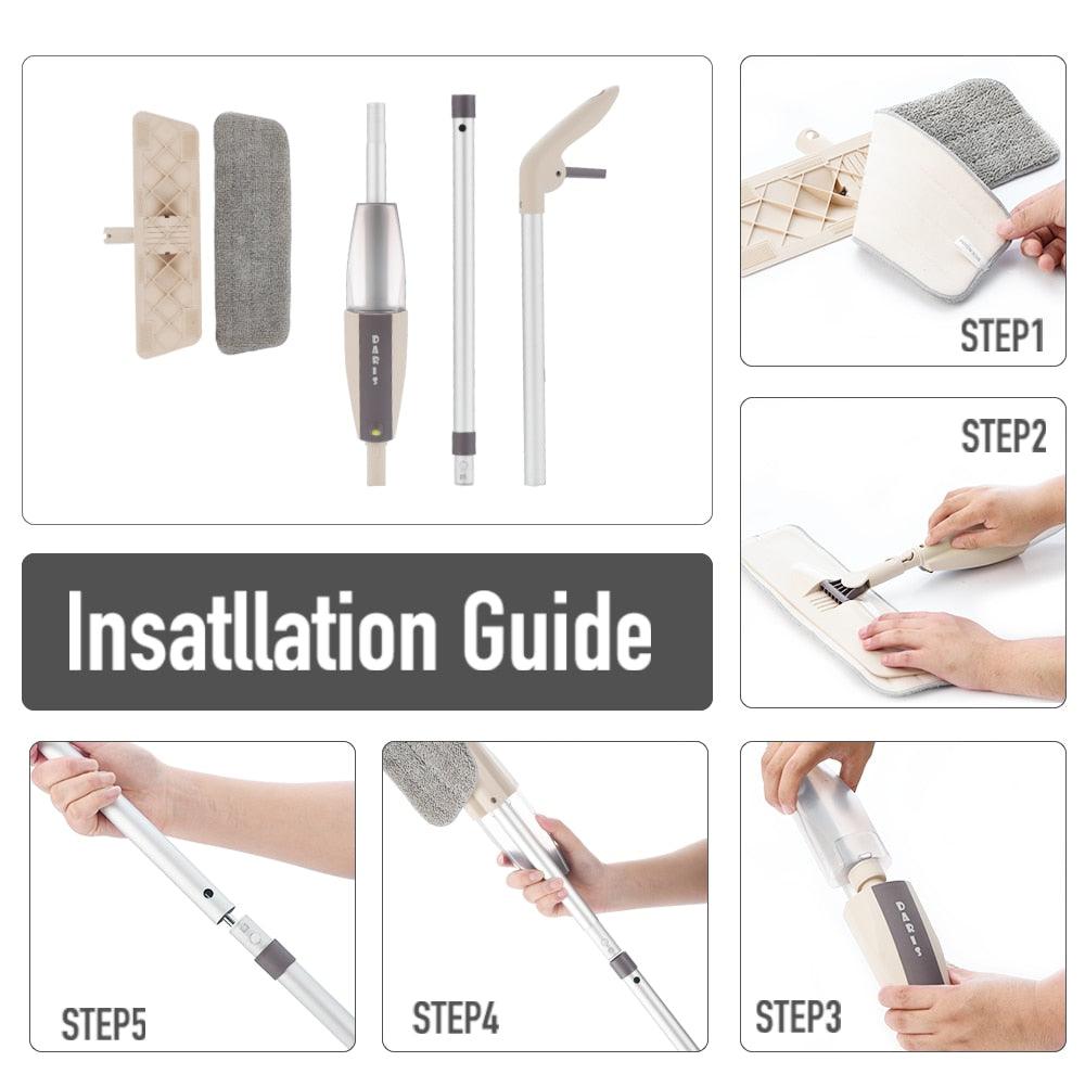 Step-by-step installation guide for an O-Cedar spray mop, showing disassembled parts and five assembly steps. Step 1: Attach the microfiber mop pad to the mop head. Step 2: Insert the spray handle into the mop base. Step 3: Secure the refillable water bottle into the main handle unit. Step 4: Connect the upper and lower handle poles. Step 5: Lock the handle sections together using the push-button mechanism.